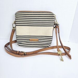 Fossil ZB7232 Canvas Crossbody Purse Leather Trim Strap~Black Stripes~Key~Tassel